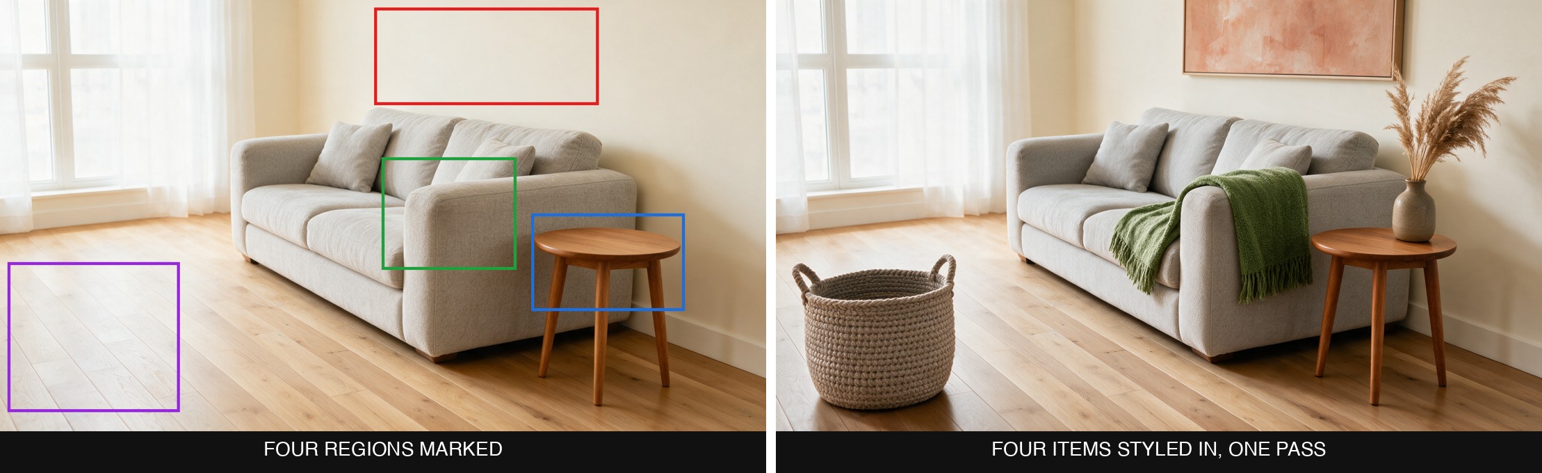An empty living room corner with four colored boxes marking the wall, sofa, side table, and floor, beside the styled result with an art print, a blanket, a vase, and a basket added exactly where each region was marked