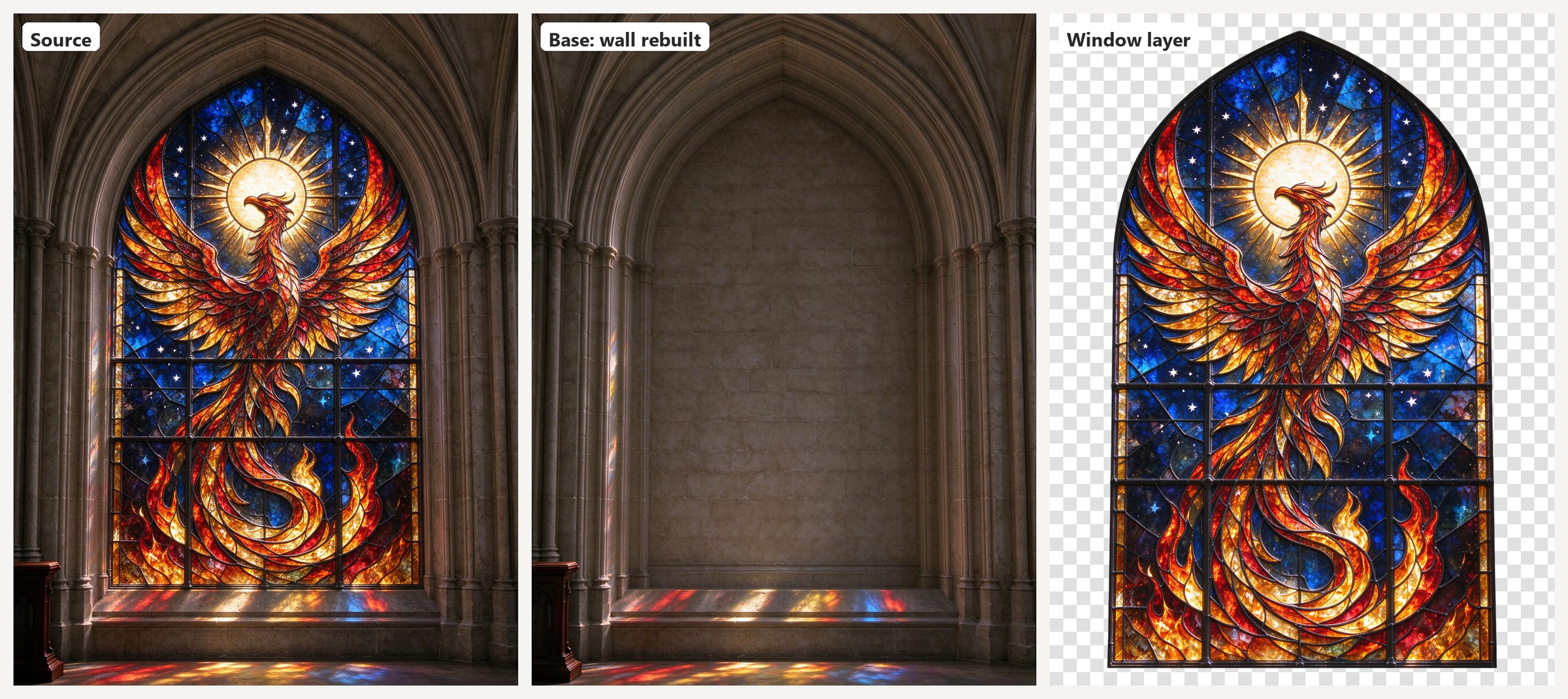 A cathedral stained glass phoenix window split into a rebuilt stone wall base and a transparent window layer