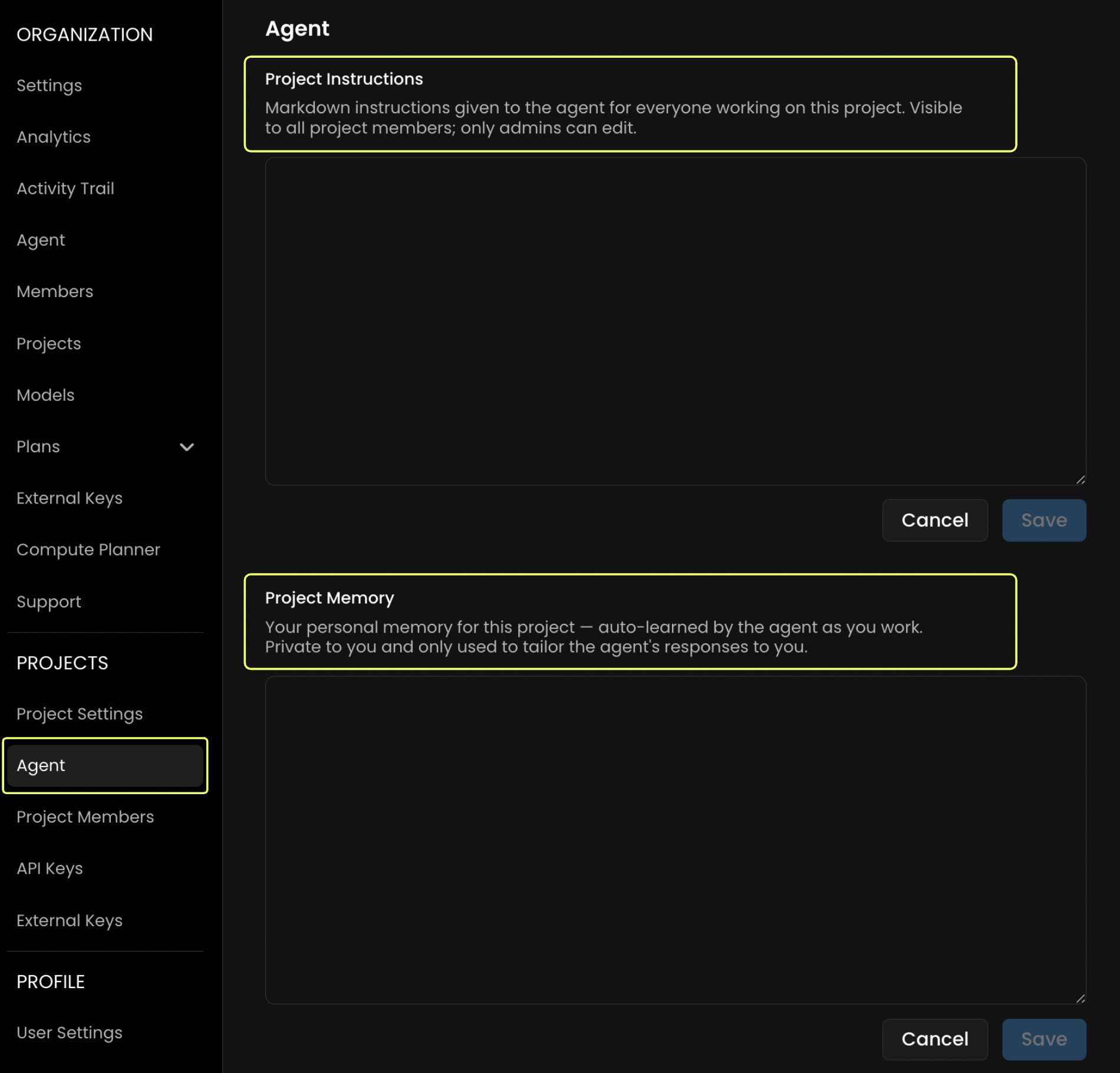 Project Settings, Agent tab, Project Instructions and Project Memory Project Settings, Agent tab, Project Instructions and Project Memory