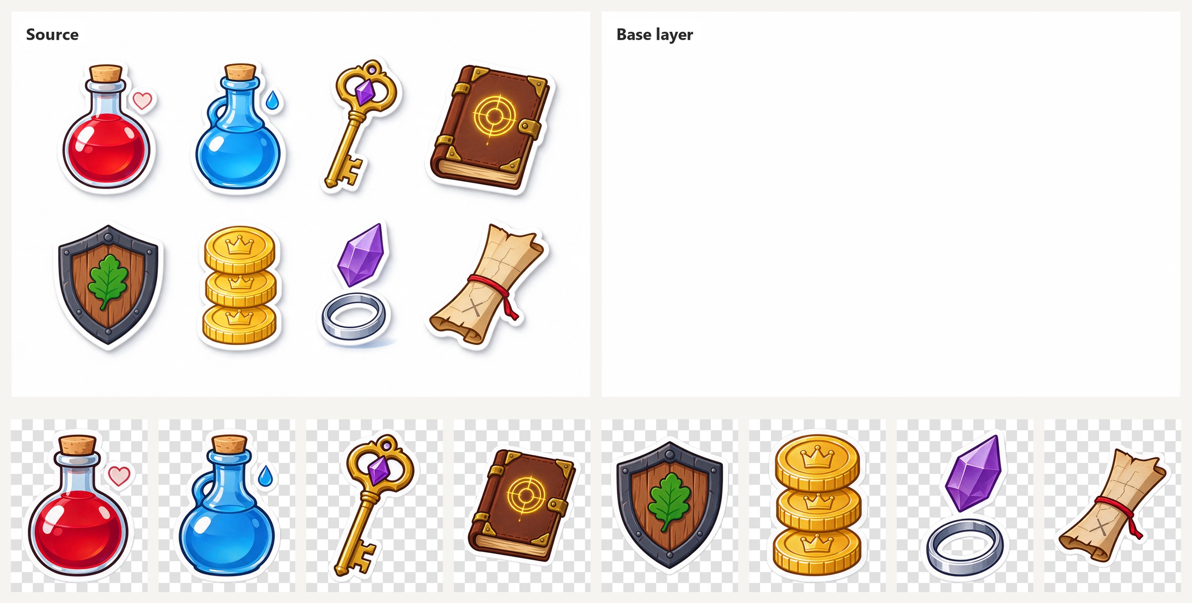 A fantasy item sticker sheet split into a clean white base and eight separate transparent sticker cutouts