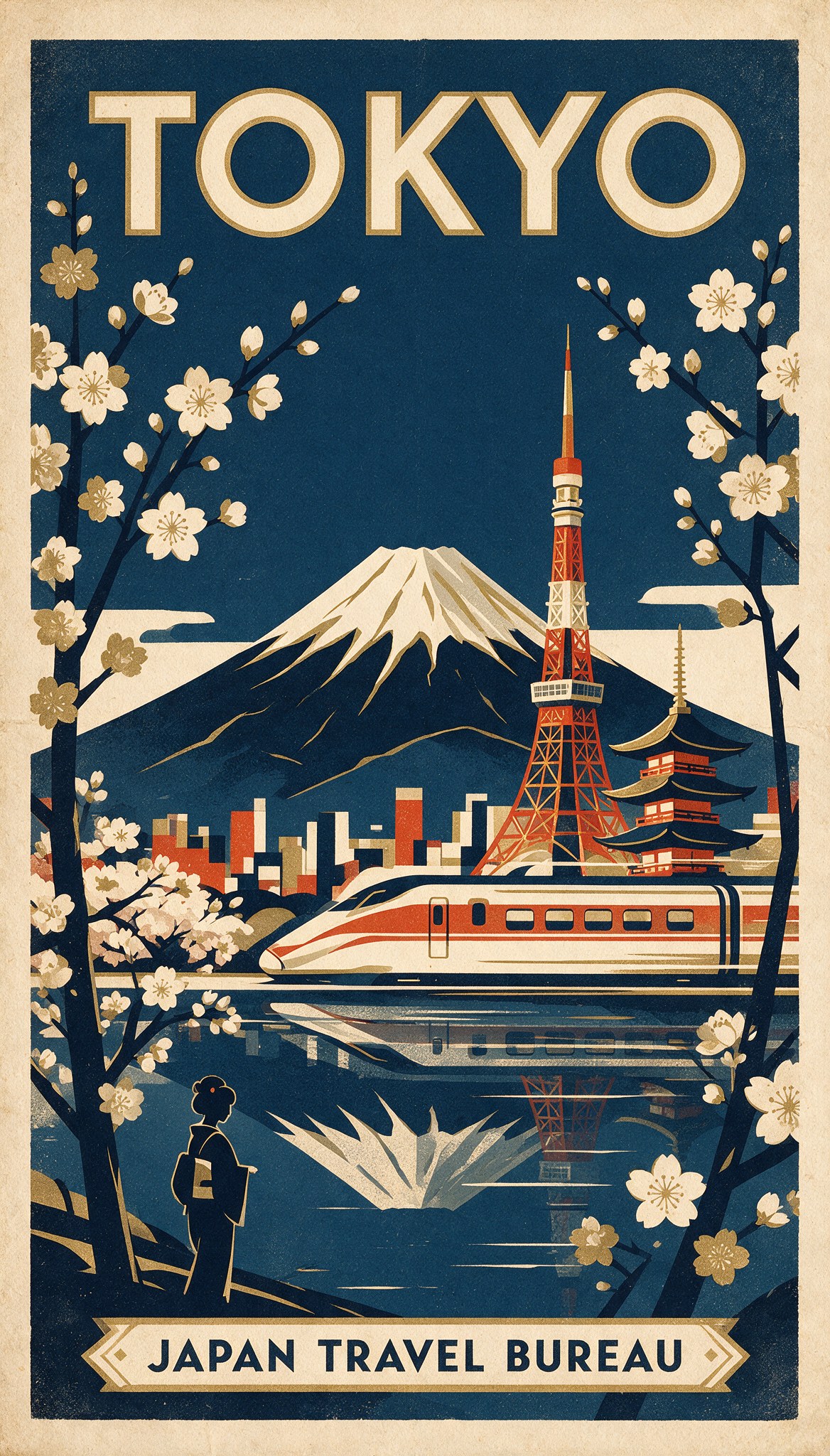 Vintage TOKYO travel poster with Mount Fuji, Tokyo Tower, a pagoda and a bullet train