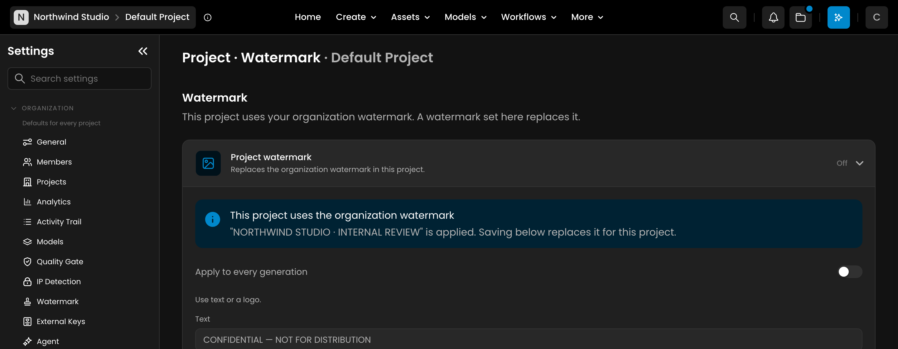 Project watermark page showing the organization watermark is applied Project watermark page showing the organization watermark is applied