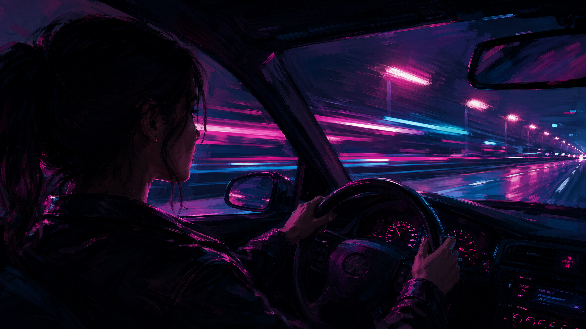 asset_pUA2xDo6yzK7ps6MR1LPasfX_16_9 stylized illustrated portrait, clearly digital painting with visible brushwork, NOT photorealistic. Young woman driving a car at night, shot from passenger side, her face in thre.png asset_pUA2xDo6yzK7ps6MR1LPasfX_16_9 stylized illustrated portrait, clearly digital painting with visible brushwork, NOT photorealistic. Young woman driving a car at night, shot from passenger side, her face in thre.png