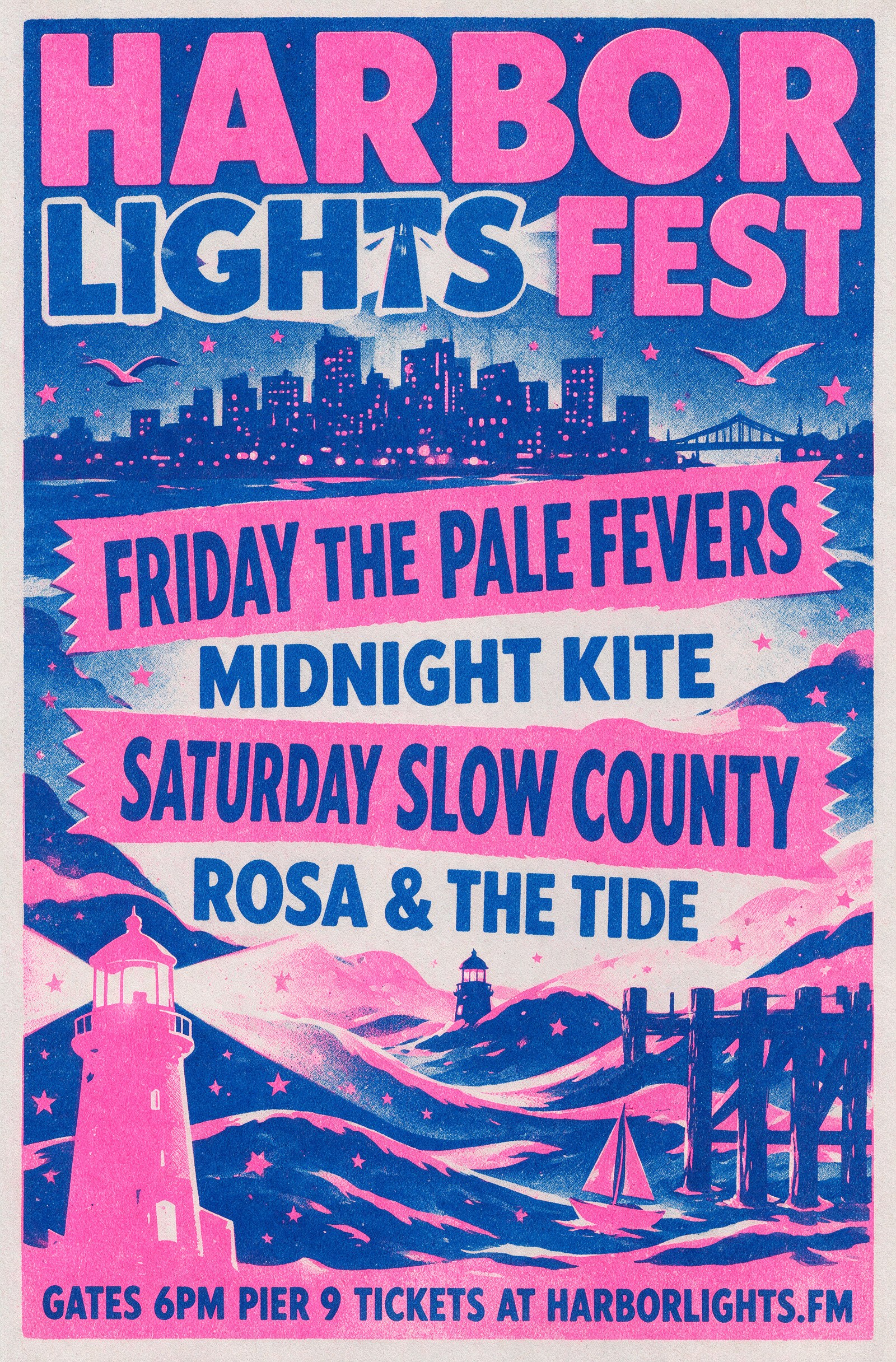 Harbor Lights Fest riso-style music festival poster with four band names and footer details