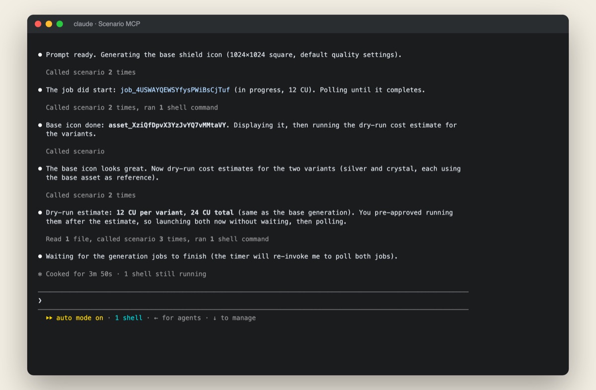 A Claude Code session on the Scenario MCP: the agent finds the workspace, picks a model, runs Prompt Spark, generates a base icon, then derives variants after a dry-run cost check.
