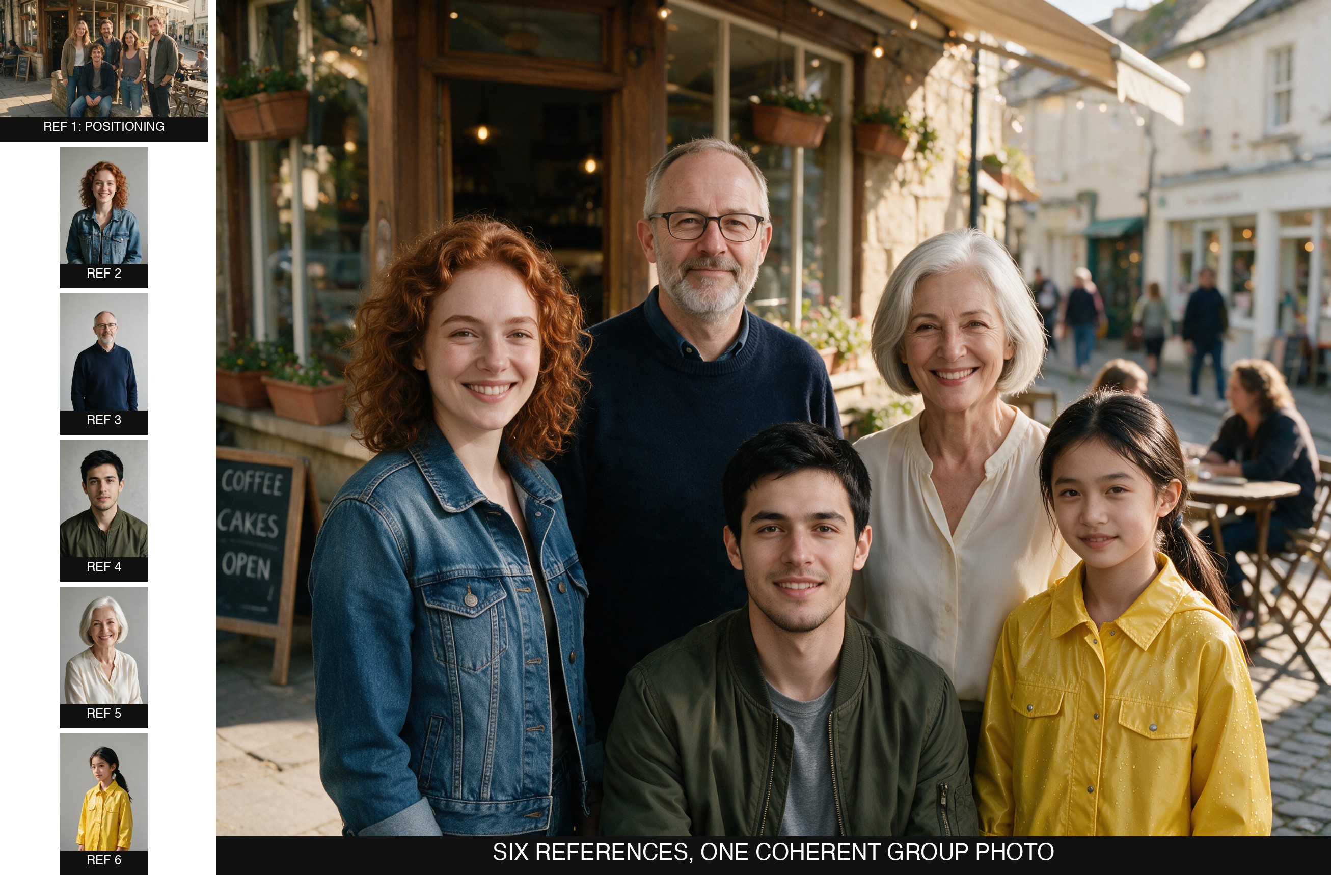Six reference images, a positioning photo and five individual portraits, beside the fused group photo outside a cafe with everyone's face and clothing preserved
