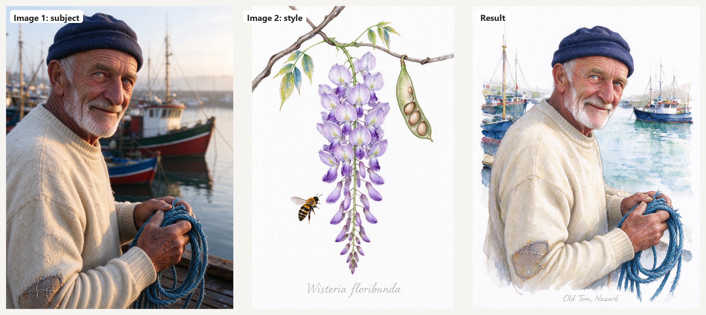 A photo of a fisherman and a botanical watercolor, combined into a watercolor portrait of the same fisherman