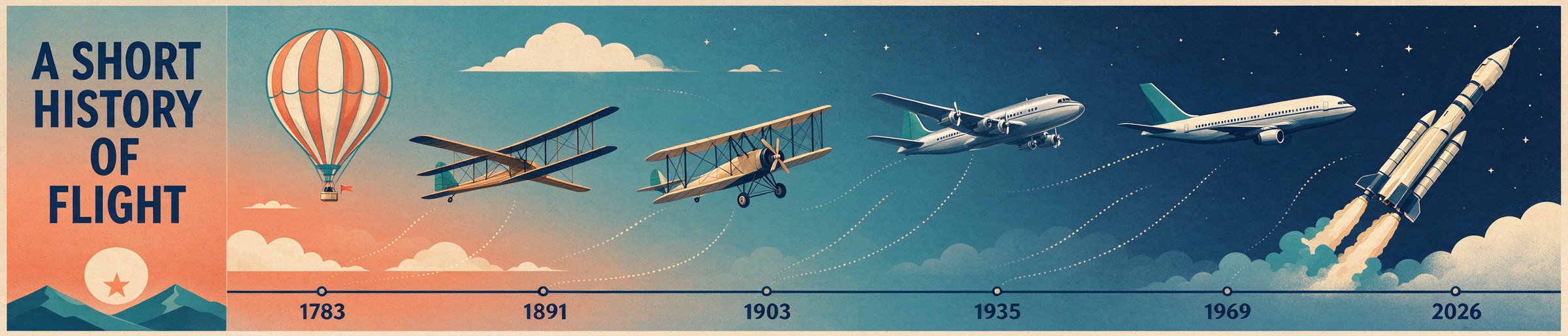 Ultra-wide timeline illustration A SHORT HISTORY OF FLIGHT with six aircraft and year labels