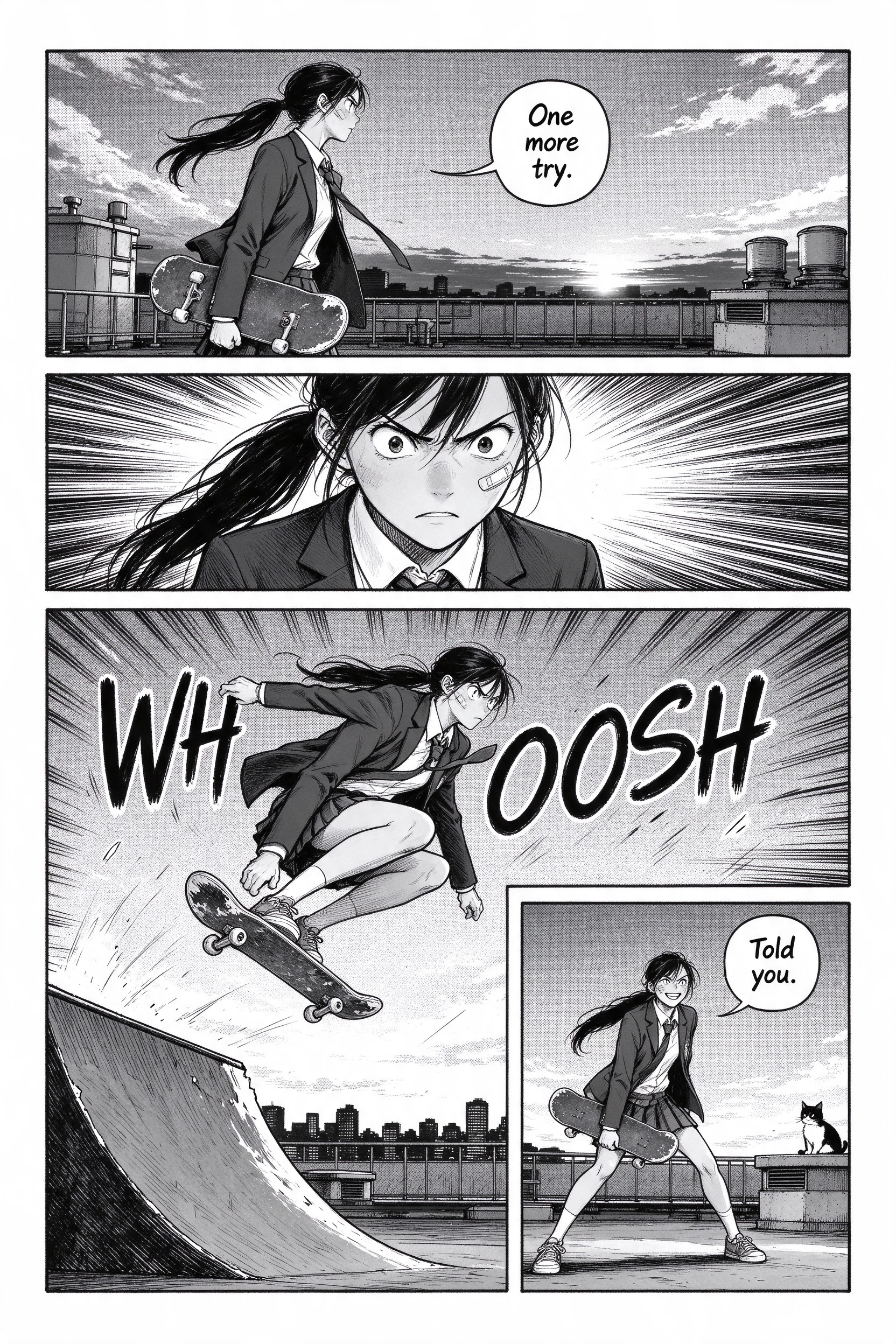 Four-panel black and white manga page of a skateboarding schoolgirl with speech bubbles and a WHOOSH sound effect