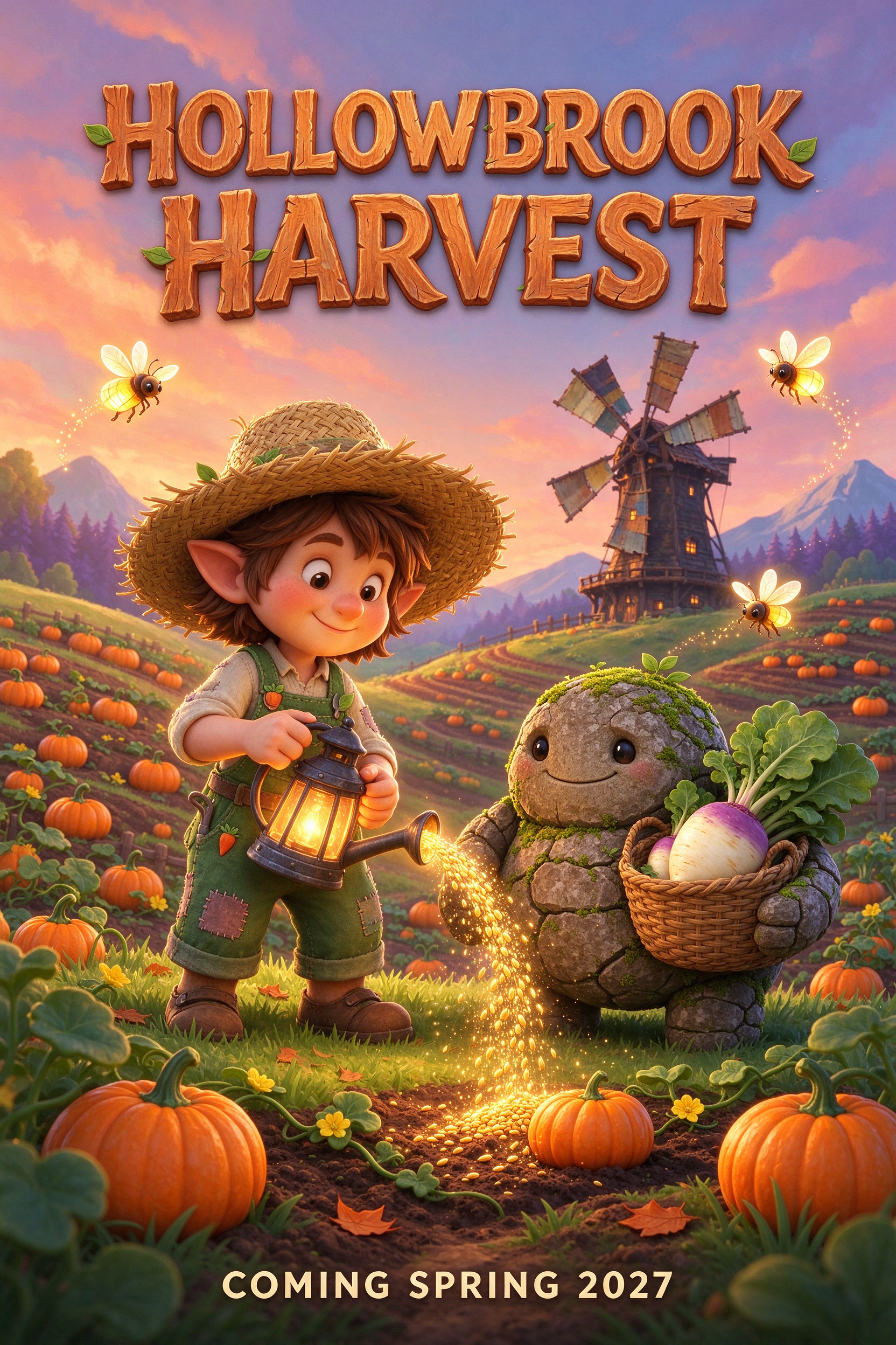 Cozy farming game key art titled HOLLOWBROOK HARVEST with a gnome farmer and a moss golem