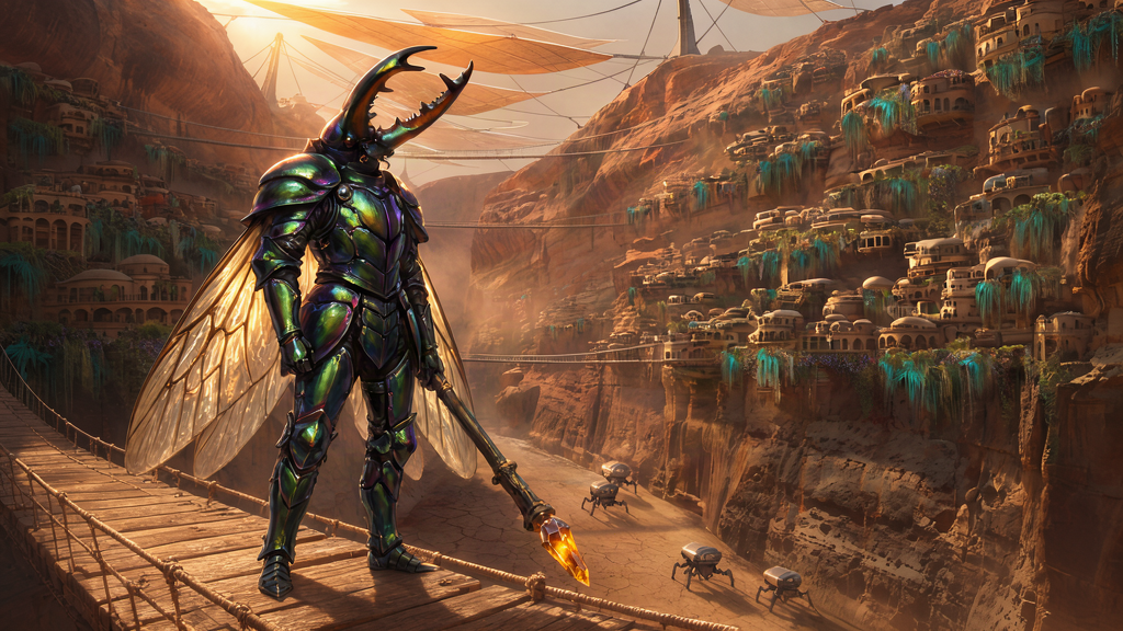 The beetle knight placed in the canyon city by Krea 3 Edit