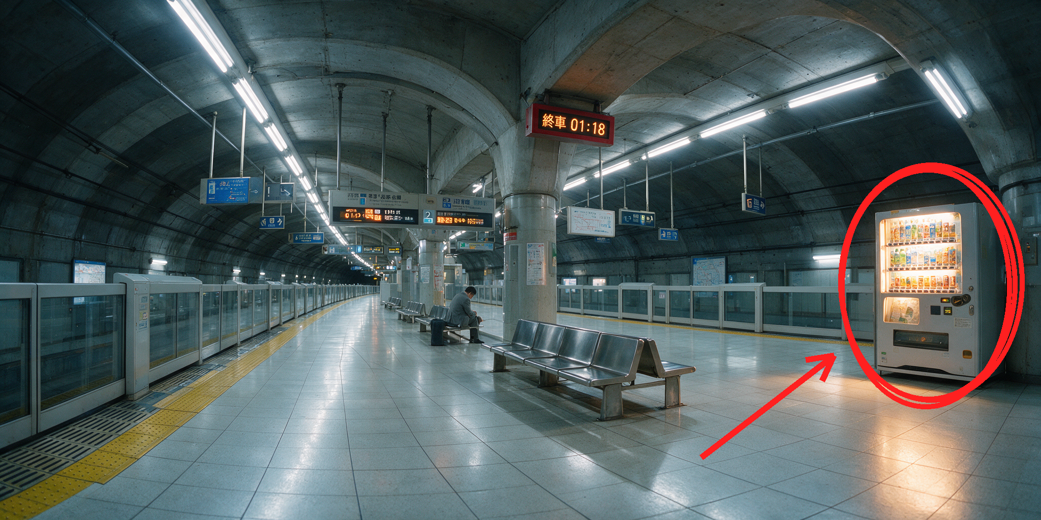 Subway platform reference image with a red circle and arrow marking the vending machine