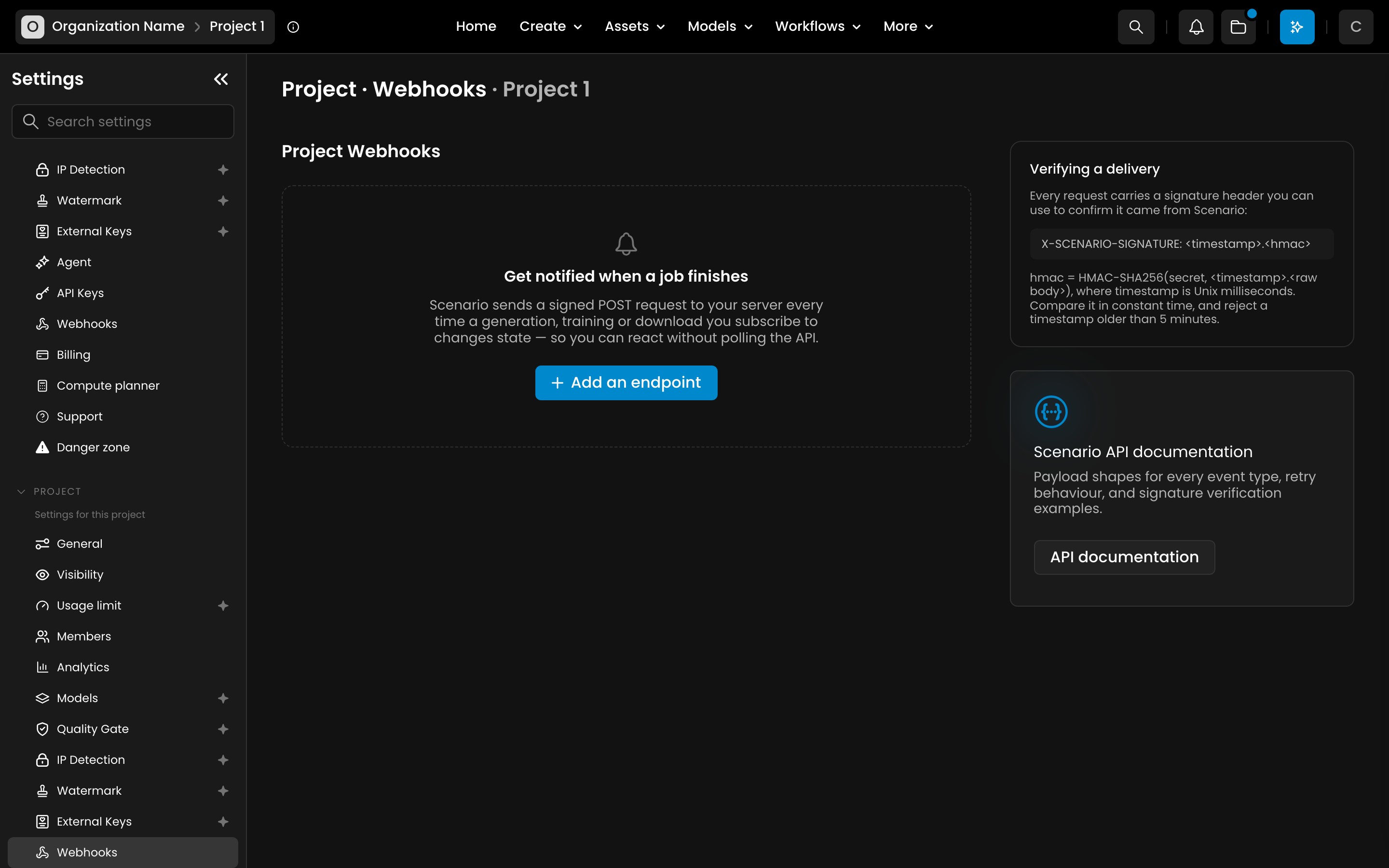 Project Webhooks page with the Add an endpoint button Project Webhooks page with the Add an endpoint button