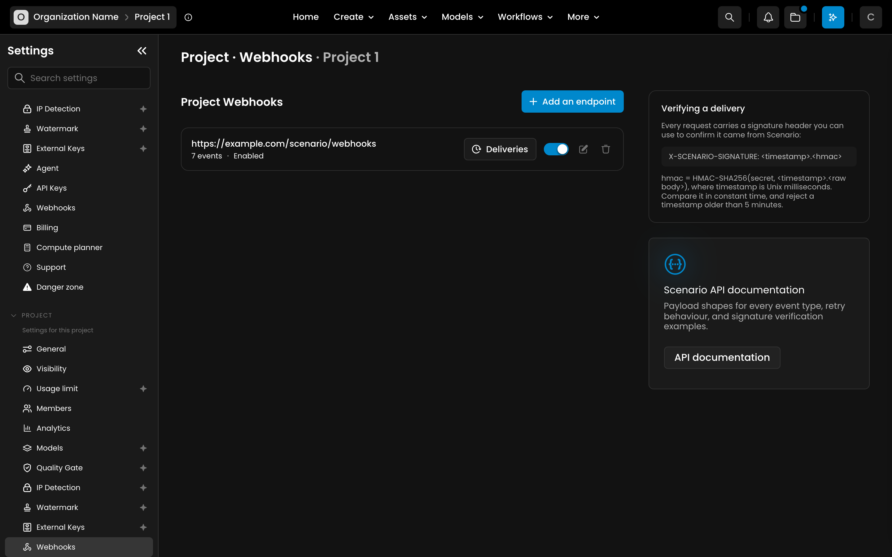A webhook endpoint in the list, with Deliveries, the on/off switch, edit and delete A webhook endpoint in the list, with Deliveries, the on/off switch, edit and delete