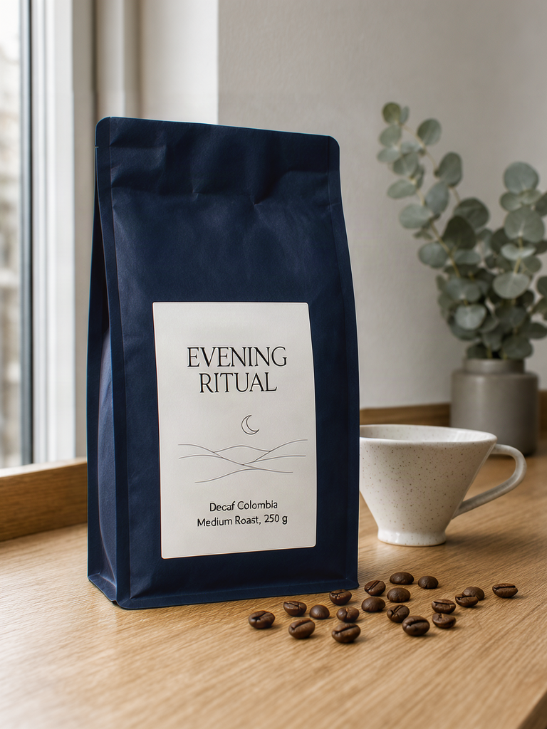 The coffee bag edited into a navy EVENING RITUAL bag with Krea 3 Edit