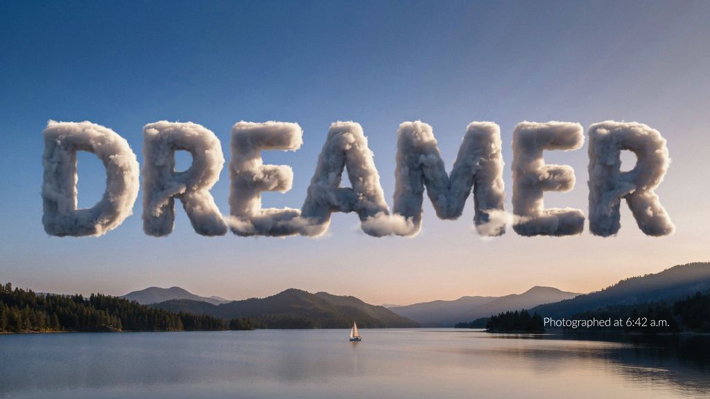 Cloud lettering over a lake