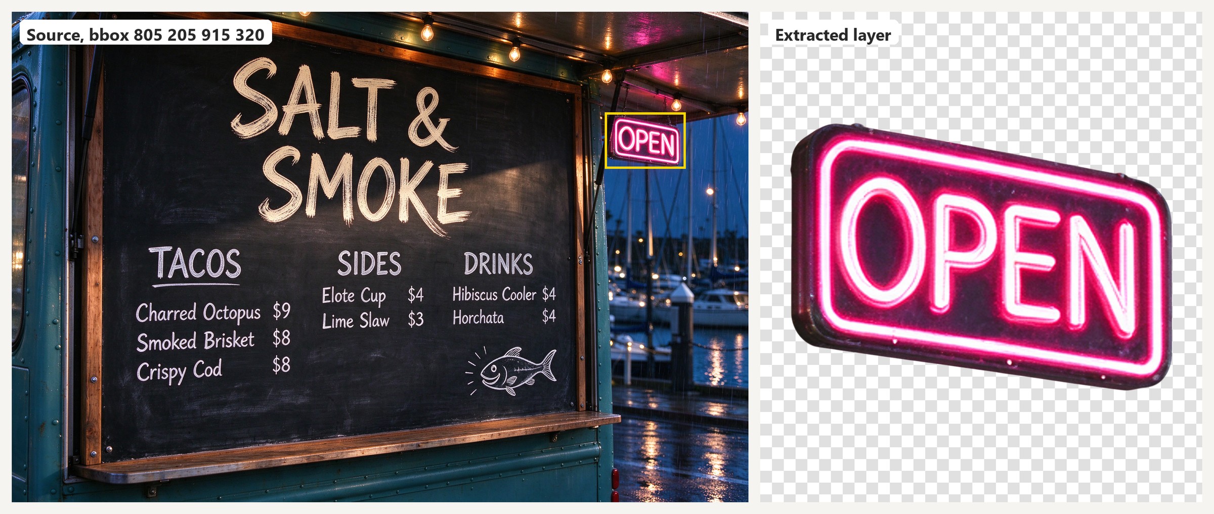 A food truck at night with a bbox drawn around a neon OPEN sign, and the sign extracted as a transparent layer