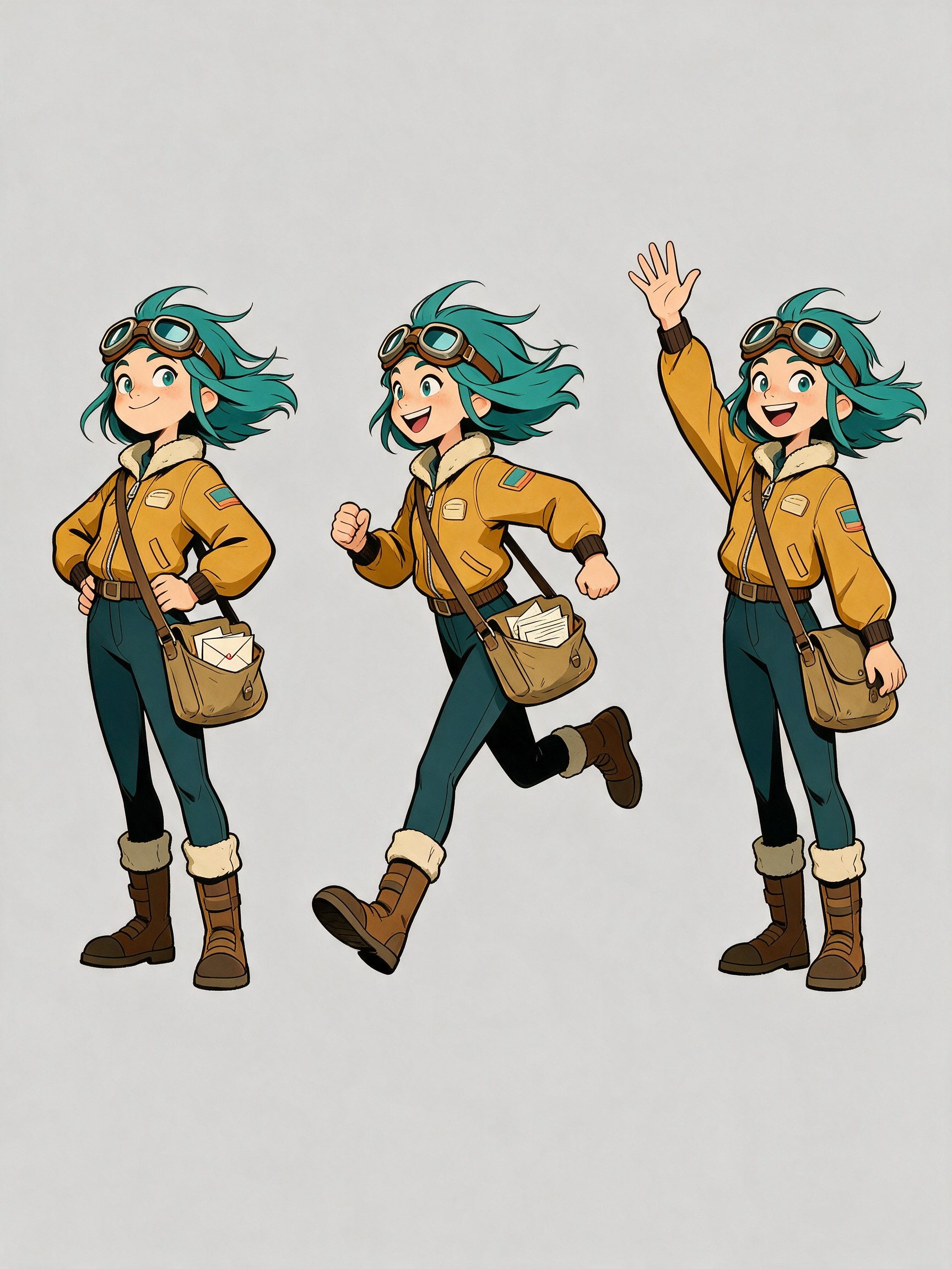 Adventurer character with teal hair shown standing, running and waving in a consistent style