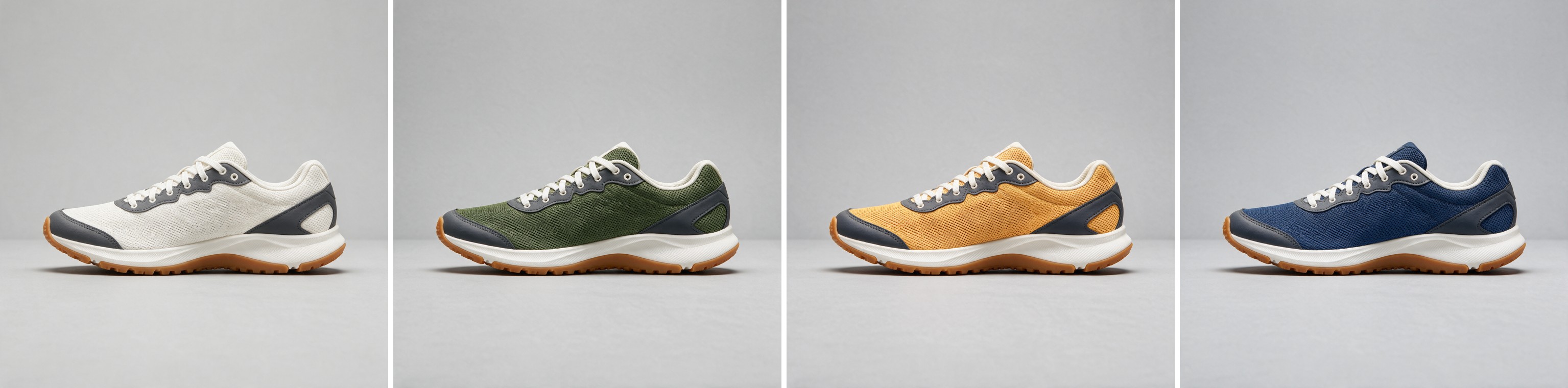 One white sneaker alongside green, orange, and navy recolored versions, structure and lighting held identical