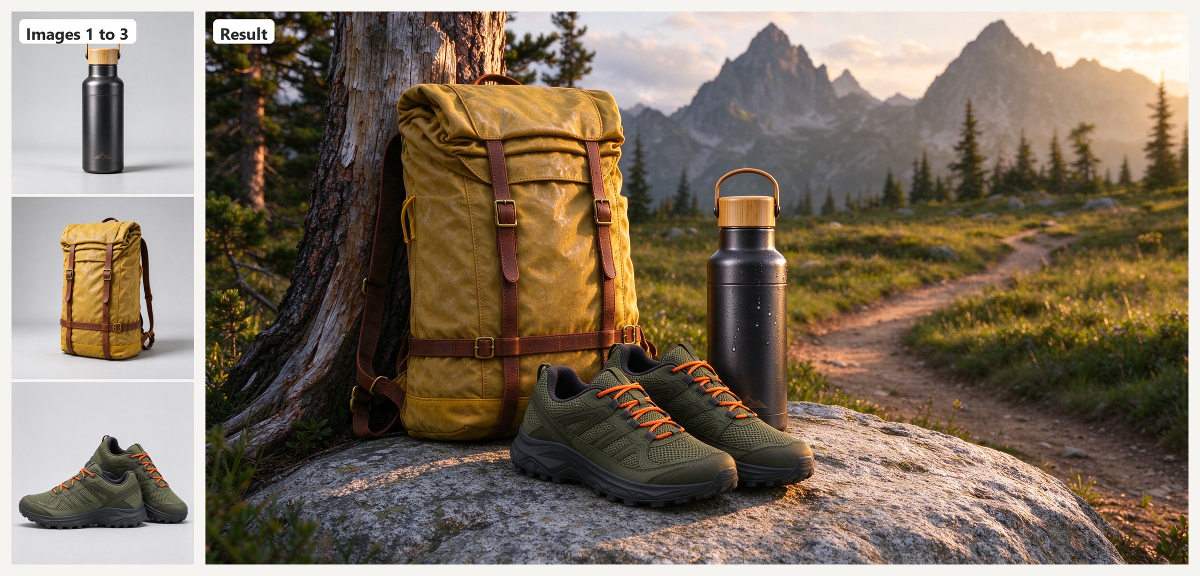 Three studio product photos, a water bottle, a backpack and trail shoes, fused into one trailhead scene at golden hour