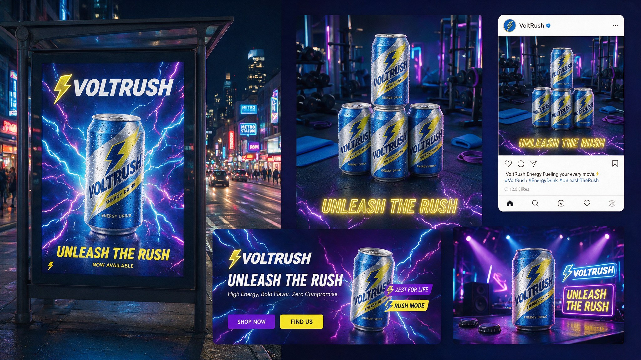 VoltRush energy drink campaign across billboard, product, social, web and stage formats