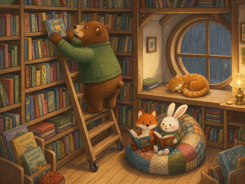 Storybook illustration of a bear, a fox and a rabbit in a library, generated with Krea 3