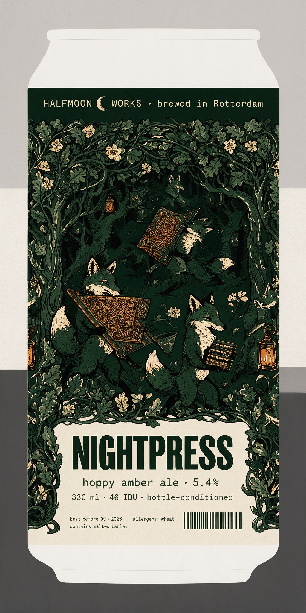 NIGHTPRESS craft beer can with an intricate fox-illustrated label and complete label copy