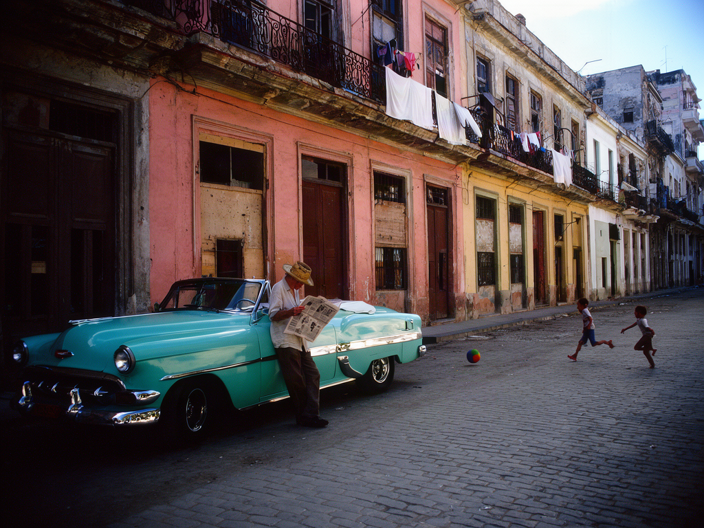 Man reading a newspaper against a turquoise vintage car on a cobblestone street, generated with Krea 3