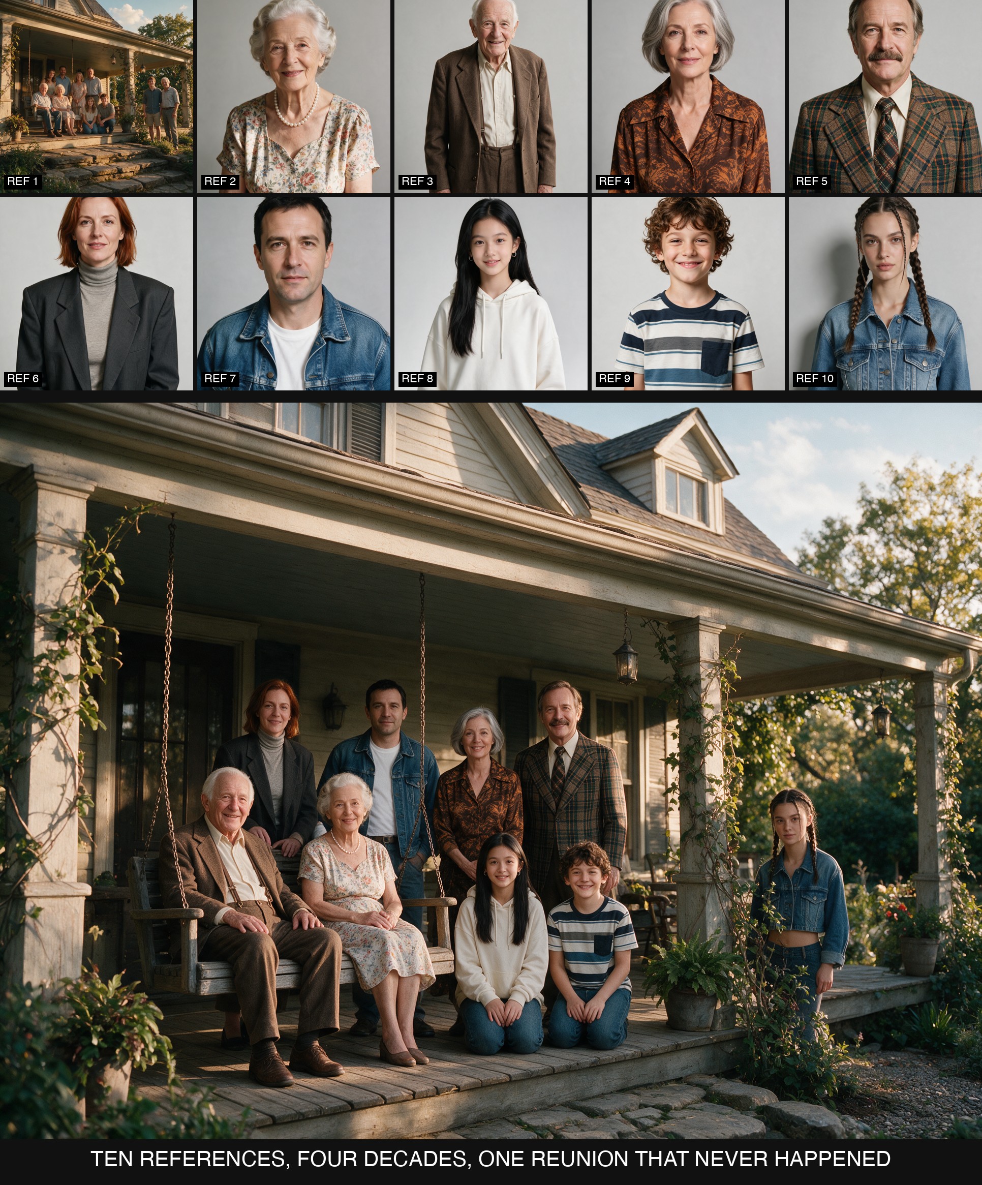 Ten reference images, a positioning photo and nine individual portraits spanning four decades of clothing style, beside the fused family reunion photo on a porch