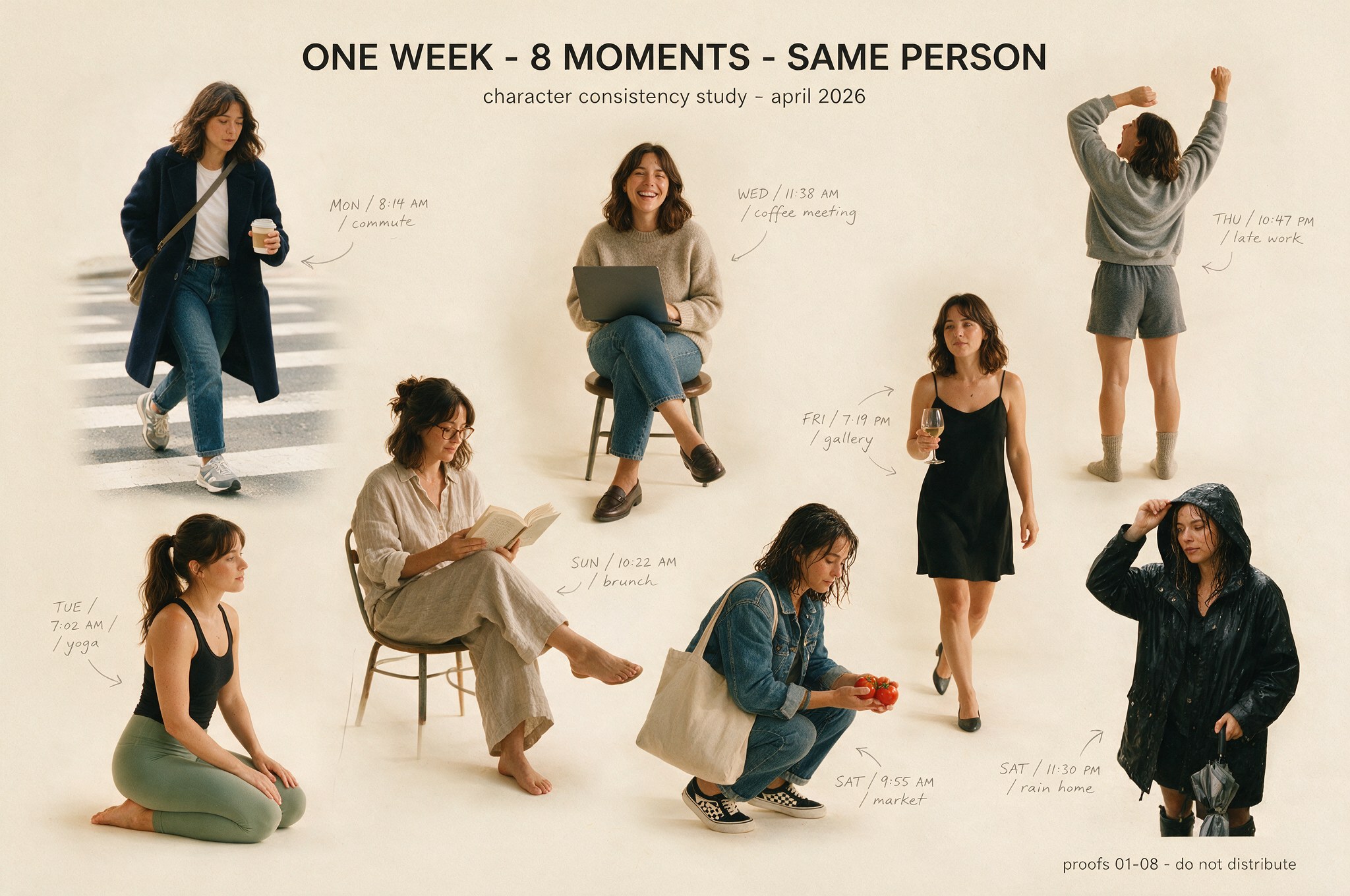 Character consistency study: the same woman across eight annotated moments of one week