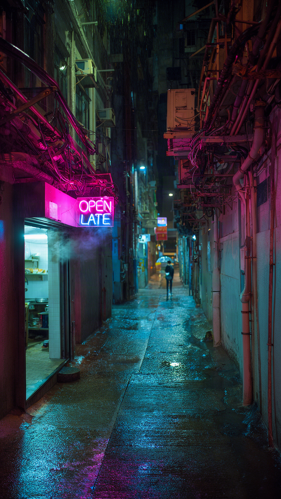 Rainy night alley with an OPEN LATE neon sign, generated with Krea 3