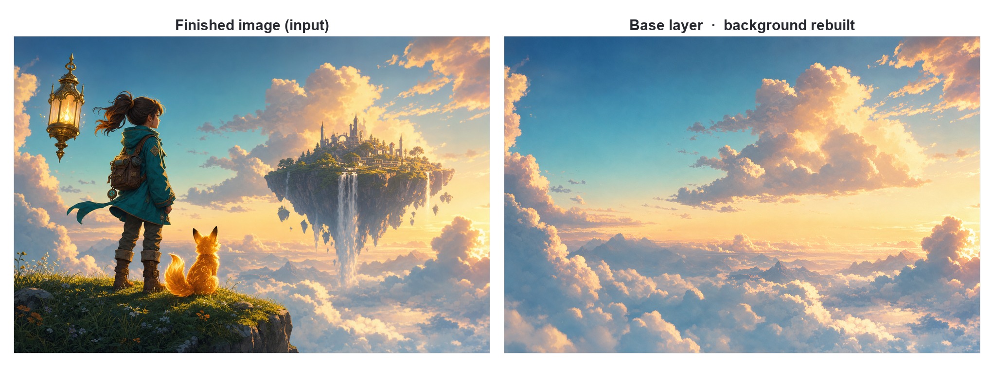 A finished game key-art illustration beside its rebuilt base layer, the island, characters, lantern, and cliff all lifted out and the sky reconstructed behind them