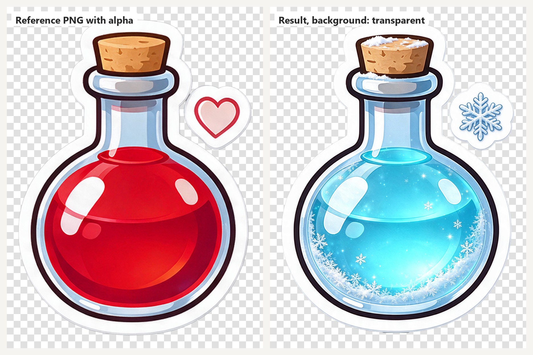 A red potion sticker PNG edited into a frost potion, both on a transparent background