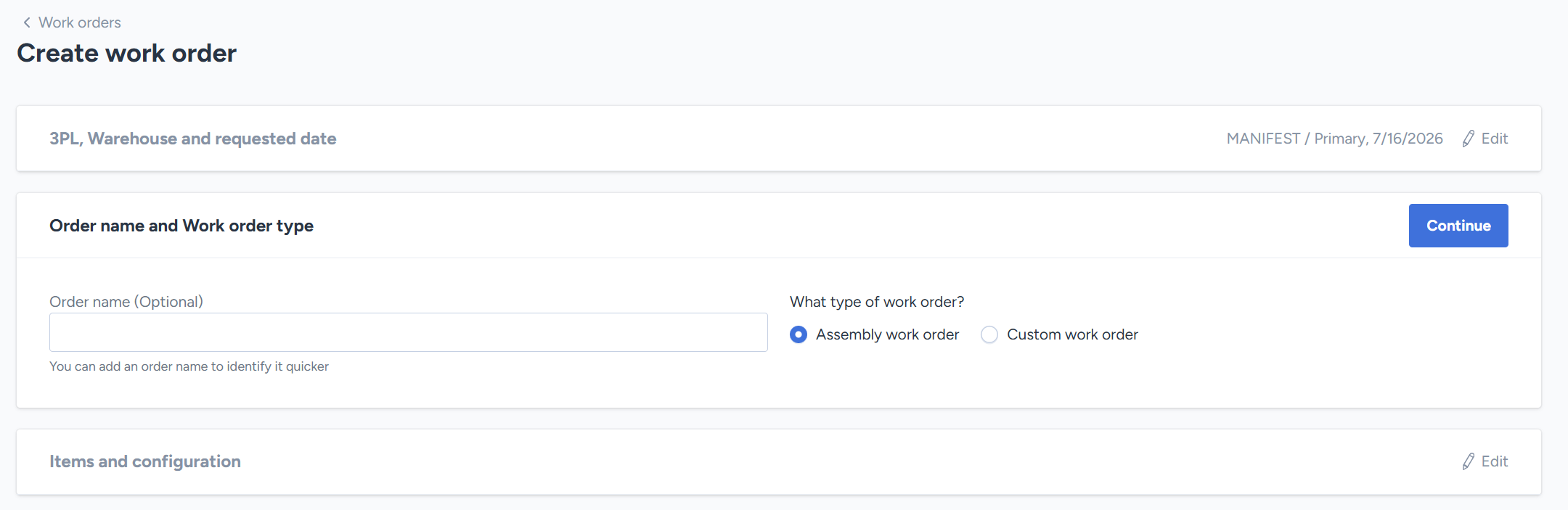 Order name and Work order type section