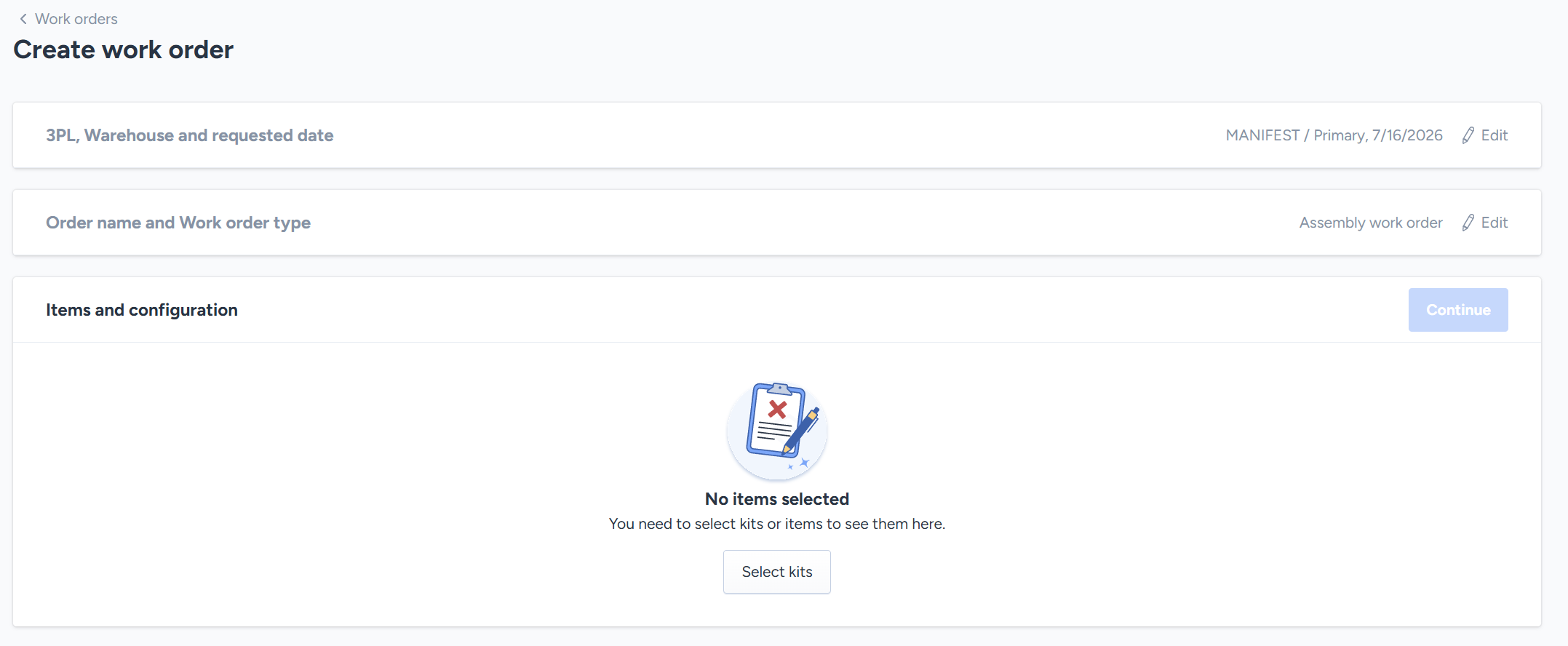 Items and configuration — no items selected state