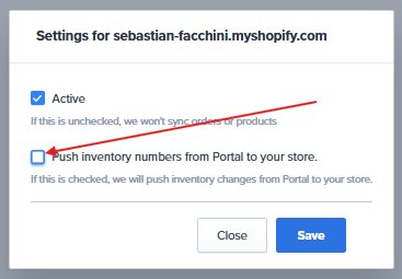 Store settings modal with Push inventory numbers checkbox unchecked