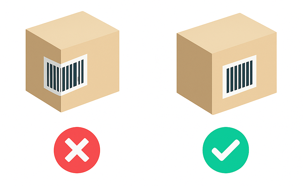 Barcode placement comparison: on the left, a non-compliant box with a barcode placed on a folded edge (marked with a red X); on the right, a compliant box with the barcode affixed flat on a smooth face (marked with a green checkmark). Manifest requires barcodes on flat, smooth surfaces to prevent scan errors.