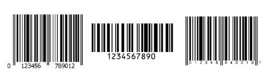 Examples of supported barcode formats: UPC (GTIN-12) barcode showing 12-digit number, Code 128 barcode showing alphanumeric value, and EAN (GTIN-13) barcode showing 13-digit number. All are printed in black ink on white non-reflective labels