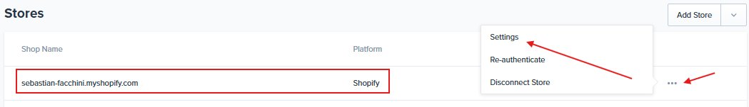 Stores list with 3-dot menu open showing Settings option