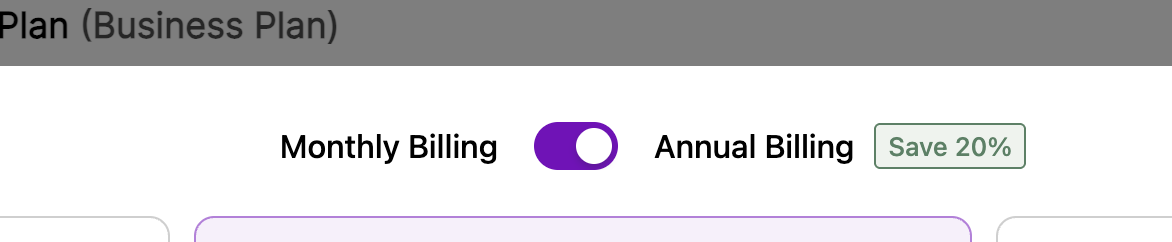 Billing options interface showing a toggle switch between Monthly Billing and Annual Billing