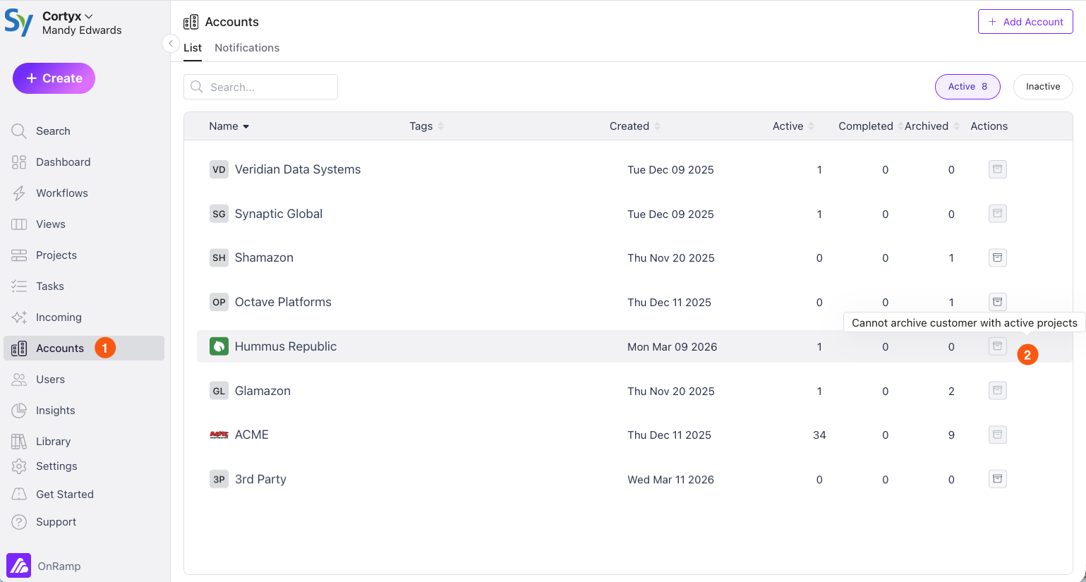 Accounts list showing the Archive button disabled next to an account that has active projects.