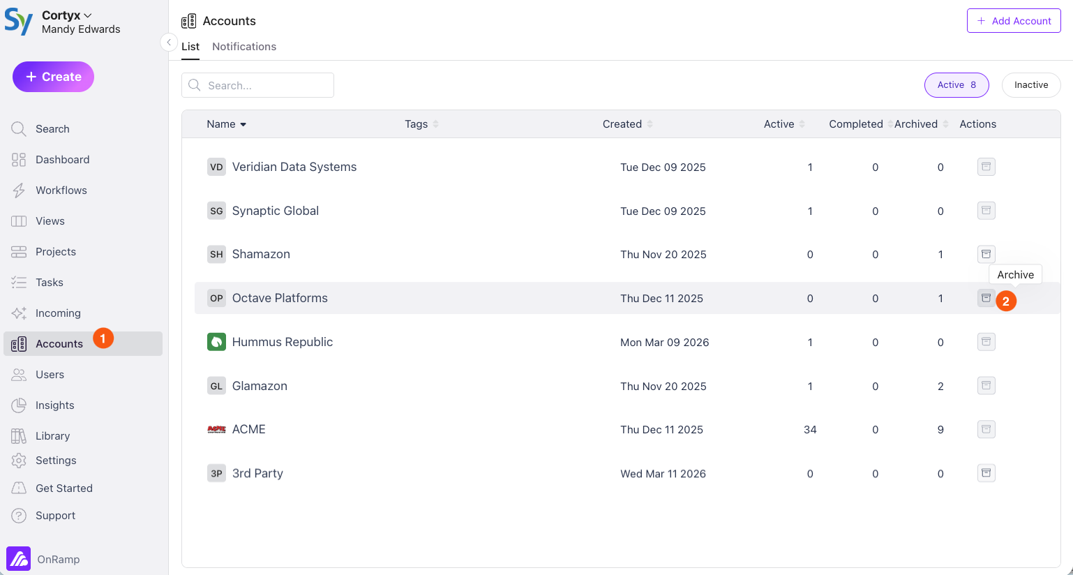 Accounts list showing the Archive button next to an account entry.