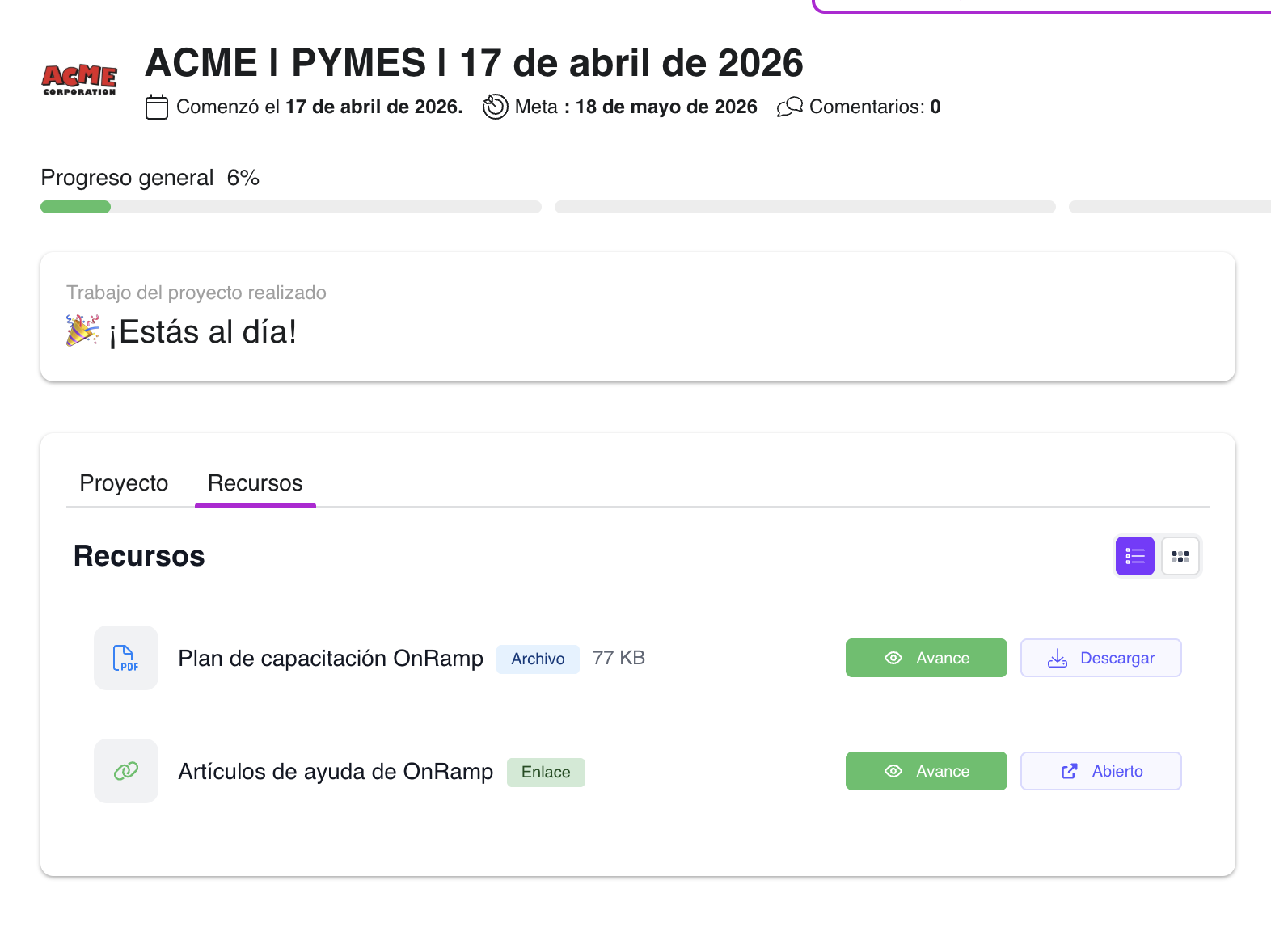 Translated project dashboard showing progress section and resources after browser translation