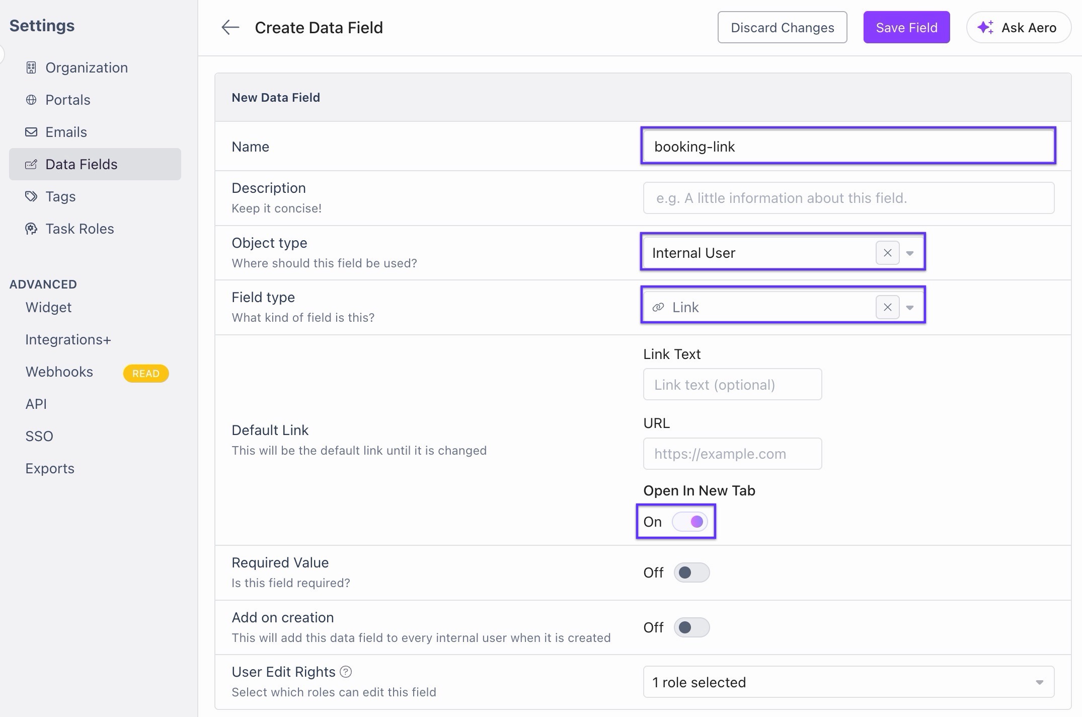 Zight 2026-08-20 at 9.03.56 PM.jpg screenshot highlight fields required for new booking-link data field
