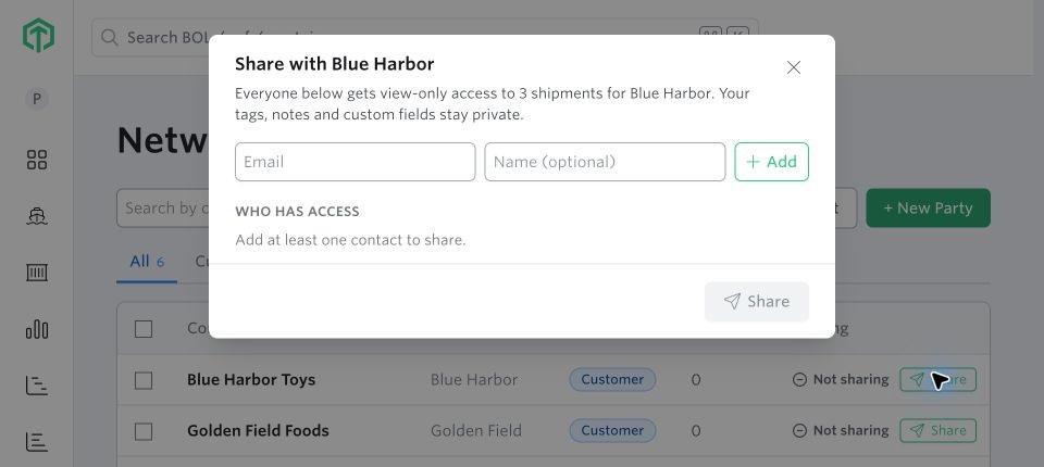 Customer sharing dialog with email, name, shipment count, and privacy explanation