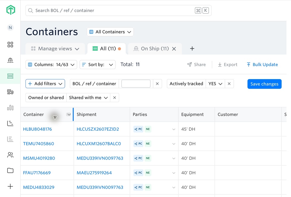 Customer container view filtered to Shared with me