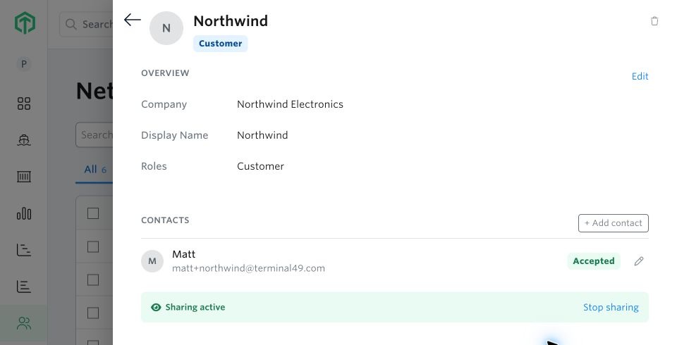 Network party panel with contacts, Accepted invitation status, and Stop sharing