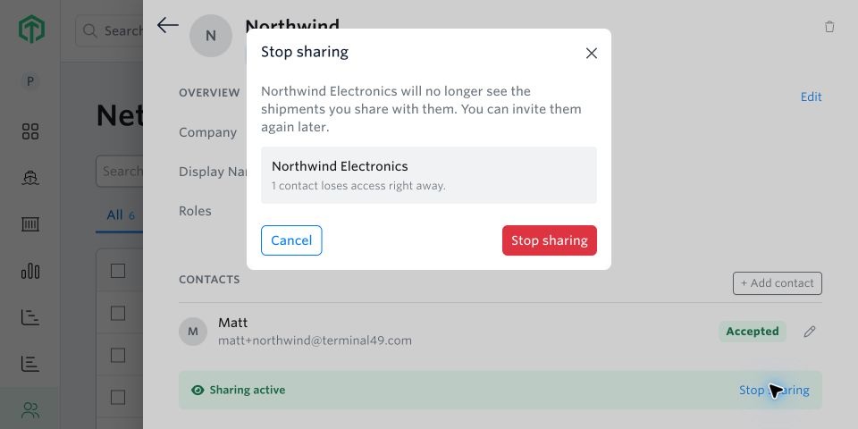 Stop sharing confirmation identifying the customer and contacts losing access