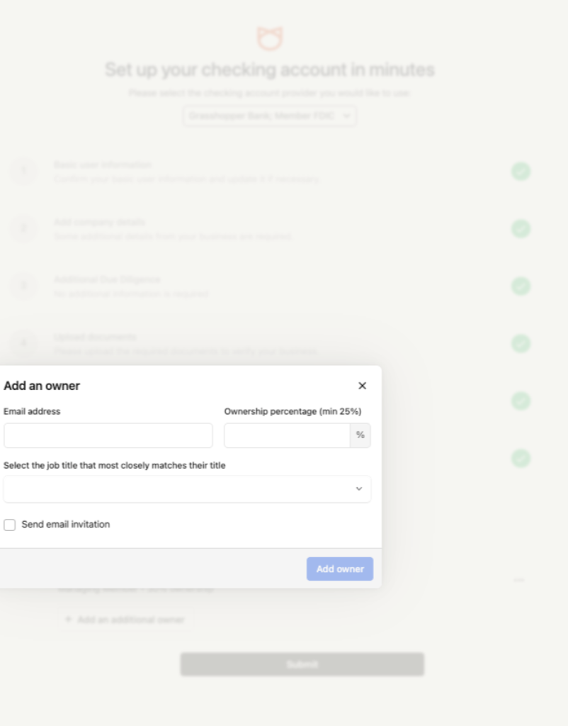 Image of a form displaying steps to complete a verification process showing beneficial owners section with options to add and verify identities