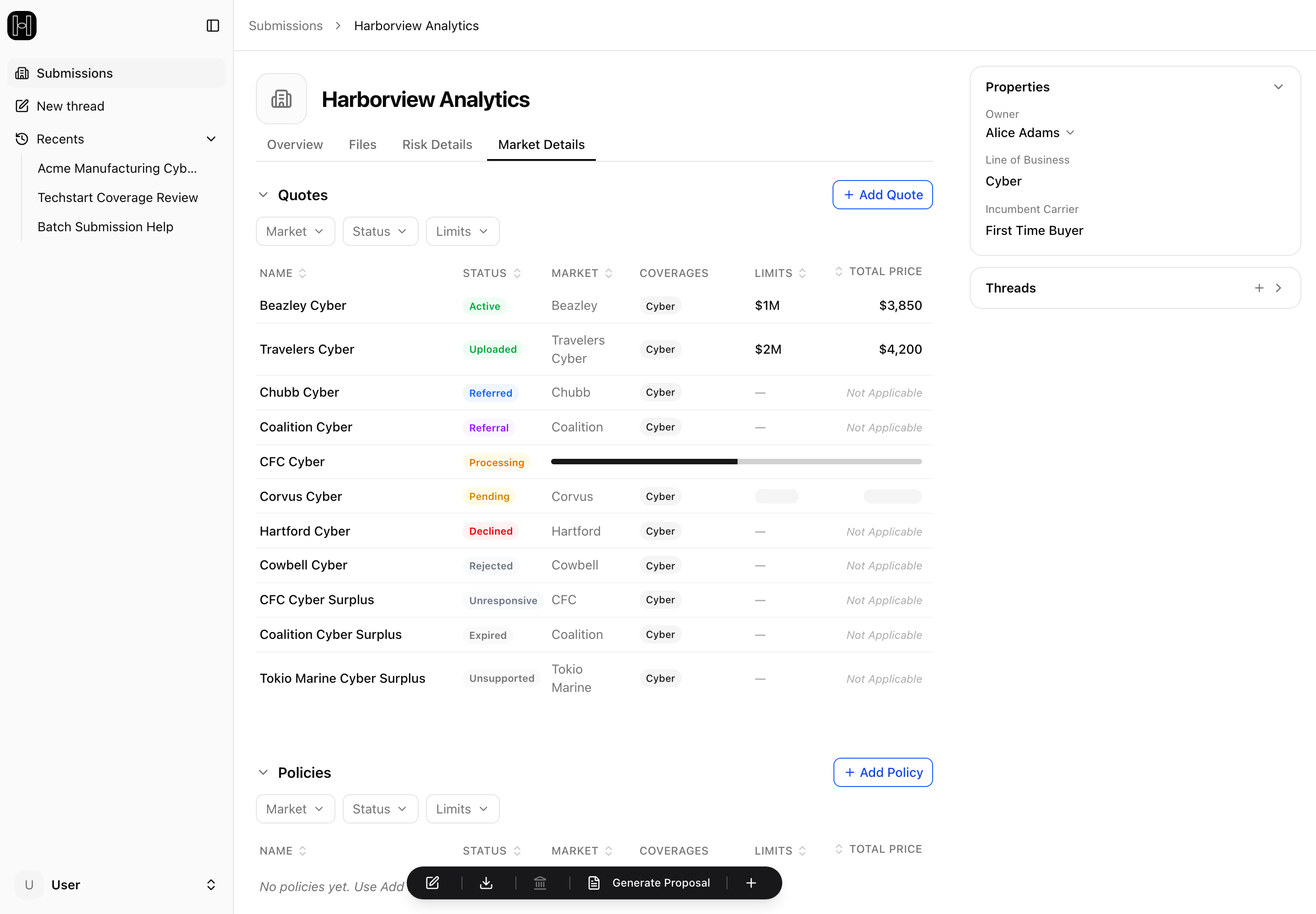A submission's Market Details tab showing a quote in every status, including a Processing quote's progress bar